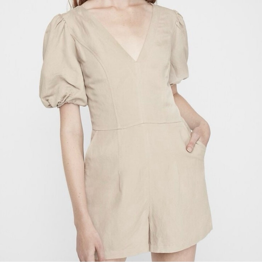 Express Linen Blend Puff Sleeve Romper